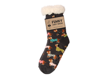 Ladies Sherpa Socks - Trendy Sausage Dogs