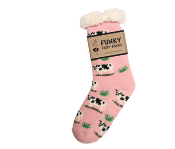 Ladies Sherpa Socks - Black & White Cow