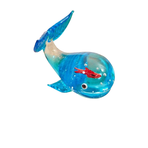 GLASS WHALE ORNAMENT - BLUE WITH RED FISH INSIDE