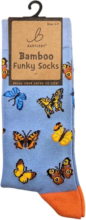 Butterfly Pattern Bamboo Socks, Light Blue with Orange Heel, Size 4-7