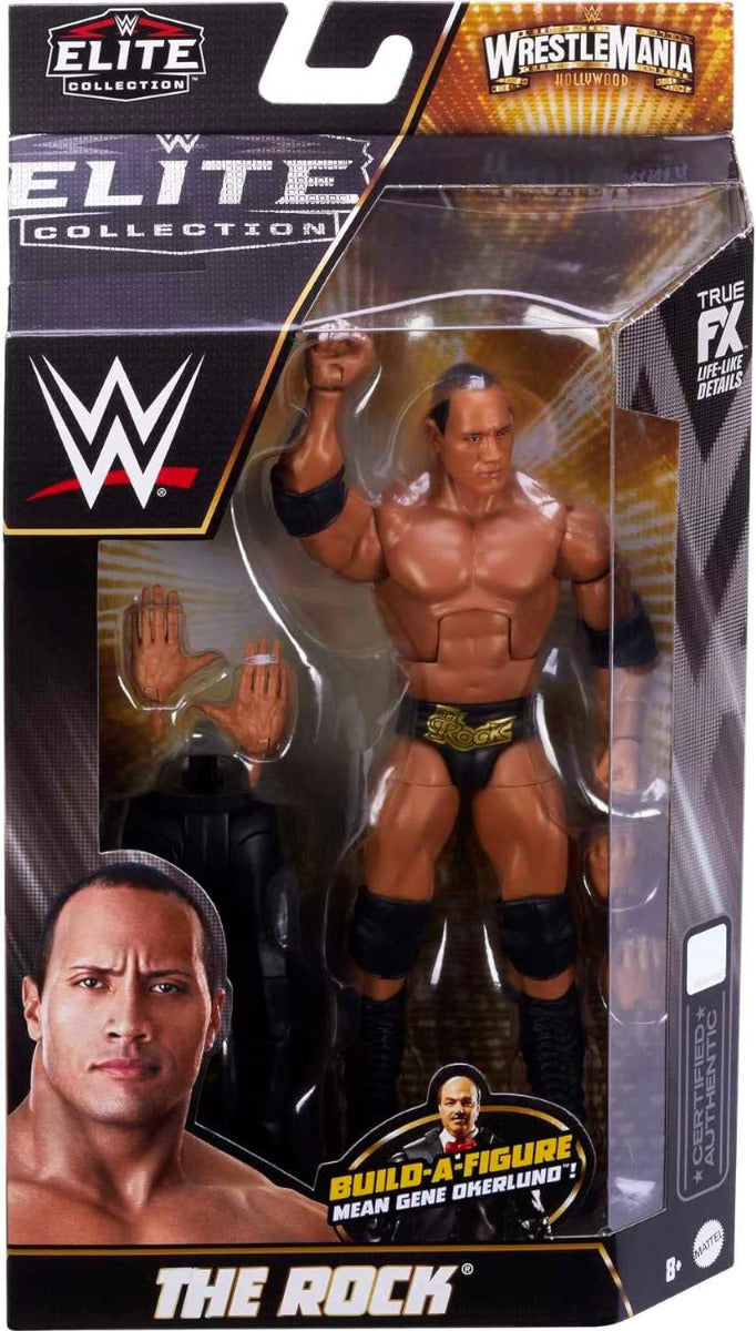 WWE MATTEL Elite Action Figure WrestleMania The Rock with Accessory and ''Mean'' Gene Okerlund Build-A-Figure