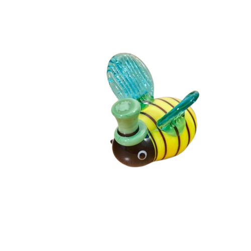 GLASS BEE ORNAMENT WITH GREEN HAT & BLUE WINGS